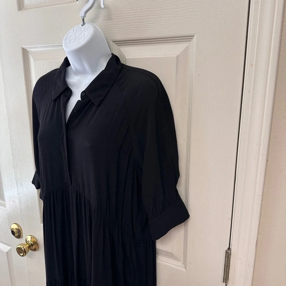 A Loves A Button Down Cuff Sleeve Tiered Waistless Midi Shirt Dress Size M Black - Picture 5 of 11
